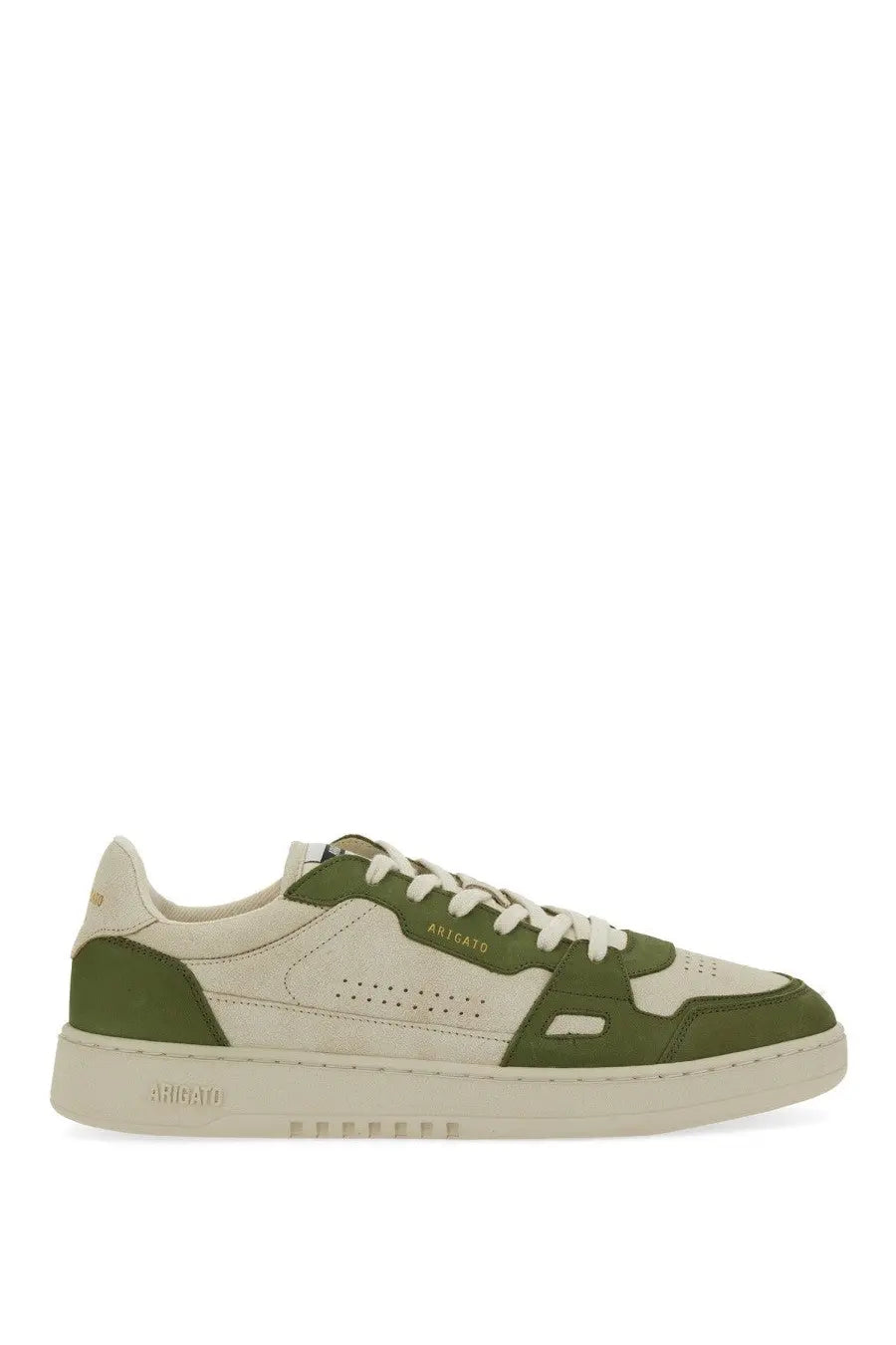 Axel Arigato men’s sneaker says beige with olive green and cream suede and canvas panels and white laces rubber sole