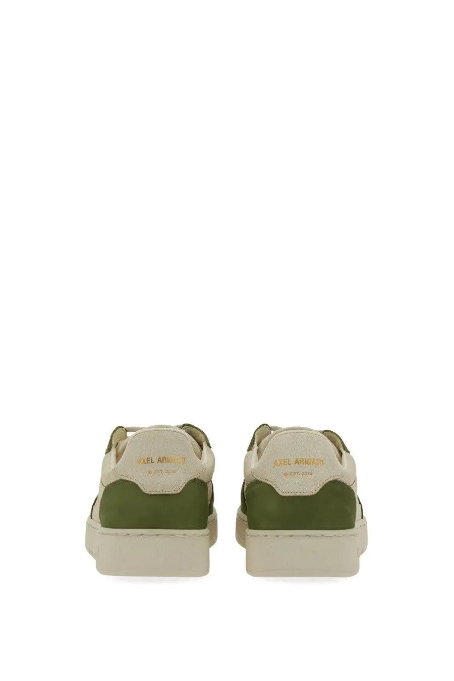 Axel Arigato men’s sneaker says beige low-top with olive green and cream suede panels and chunky rubber sole