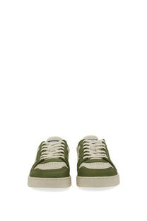 Axel Arigato men’s sneaker says beige olive green and cream low-top suede and canvas blend with white laces and rubber sole