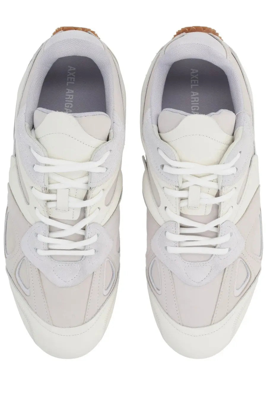 Axel Arigato men’s sneaker slow runner white with beige layered suede and mesh upper and tan rubber heel accents