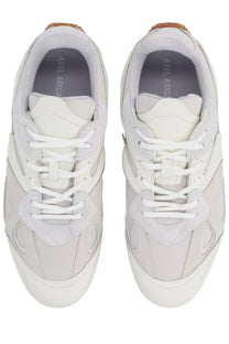 Axel Arigato men’s sneaker slow runner white with beige layered suede and mesh upper and tan rubber heel accents