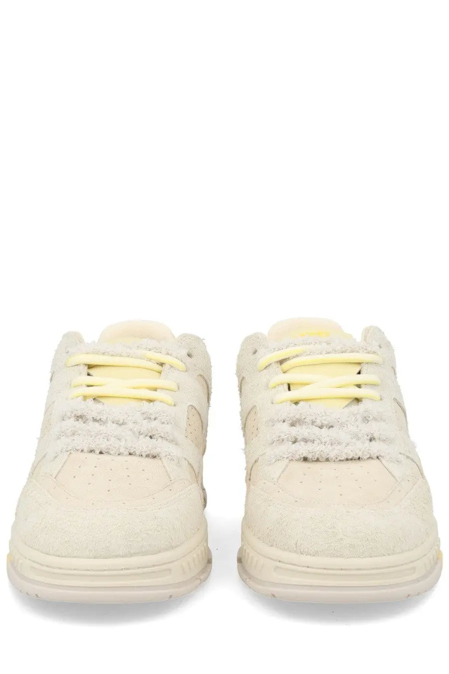 Axel arigato men sneaker area lo label white cream suede sneakers with fluffy shearling lining and yellow laces