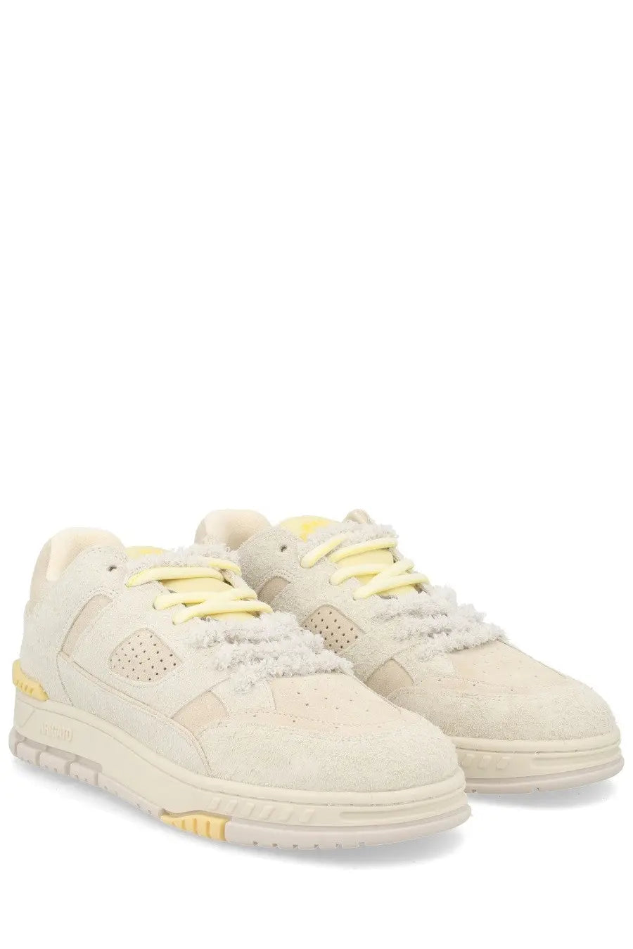 Axel arigato men’s sneaker area lo label white cream suede sneakers with yellow laces and chunky sole