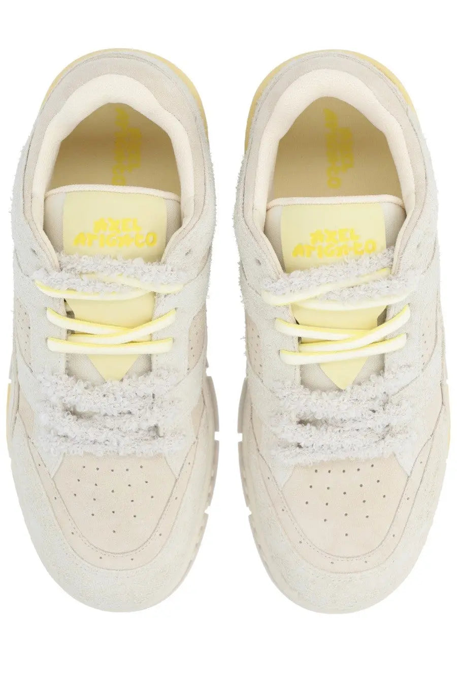 Axel Arigato men’s sneaker area lo label white cream suede sneakers with frayed textured accents and pale yellow laces