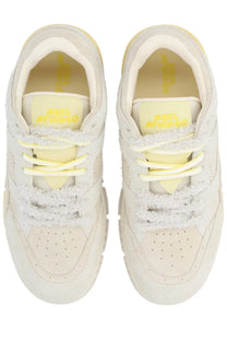 Axel Arigato men’s sneaker area lo label white cream suede sneakers with frayed textured accents and pale yellow laces