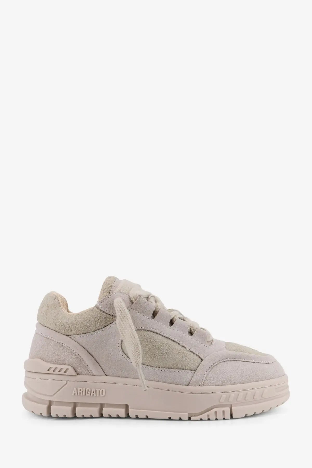 Beige suede low-top sneaker with chunky rubber sole and arigato embossed on the heel back side axel arigato
