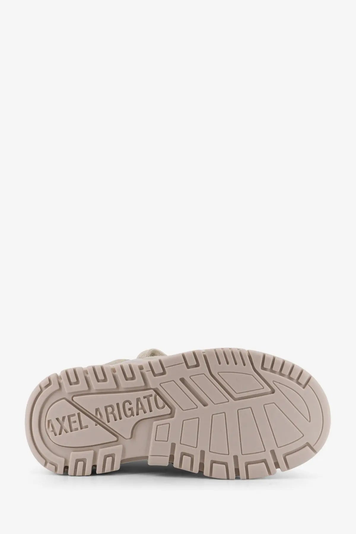 Beige rubber sole with axel arigato embossed in a geometric pattern on axel arigato women’s white suede sneakers