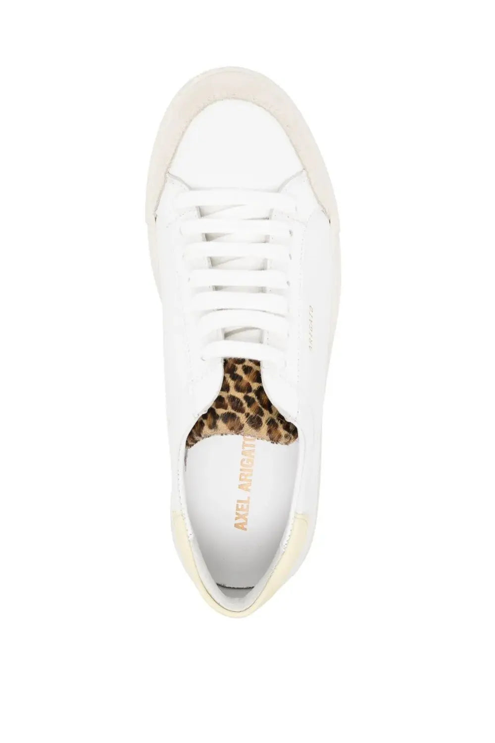 Axel Arigato women’s clean leather sneaker in white with leopard print tongue and beige rubber sole