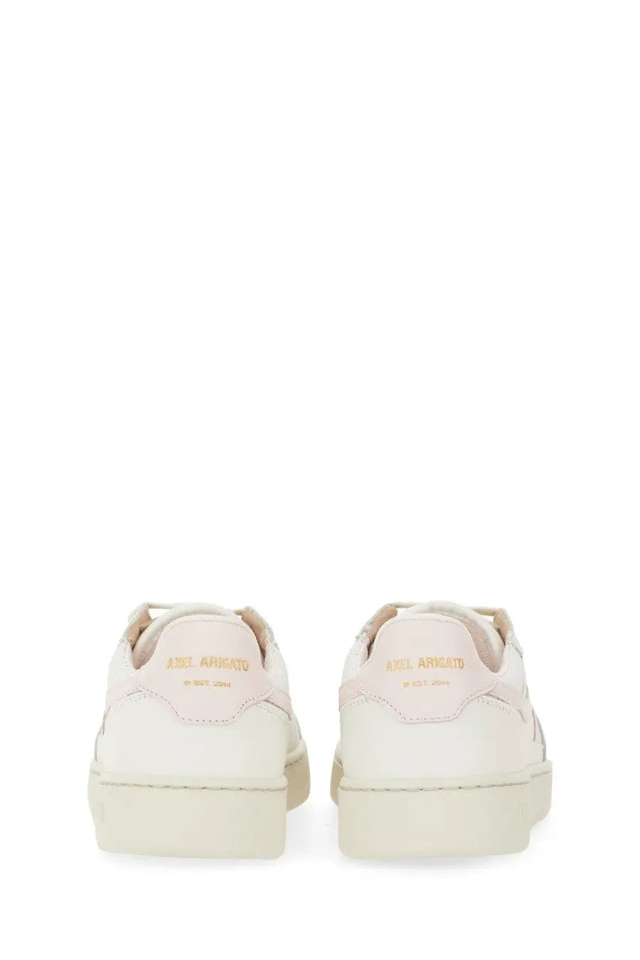 Back view of axel arigato women’s dice stripe sneaker in cream suede and leather with gold-tone heel branding