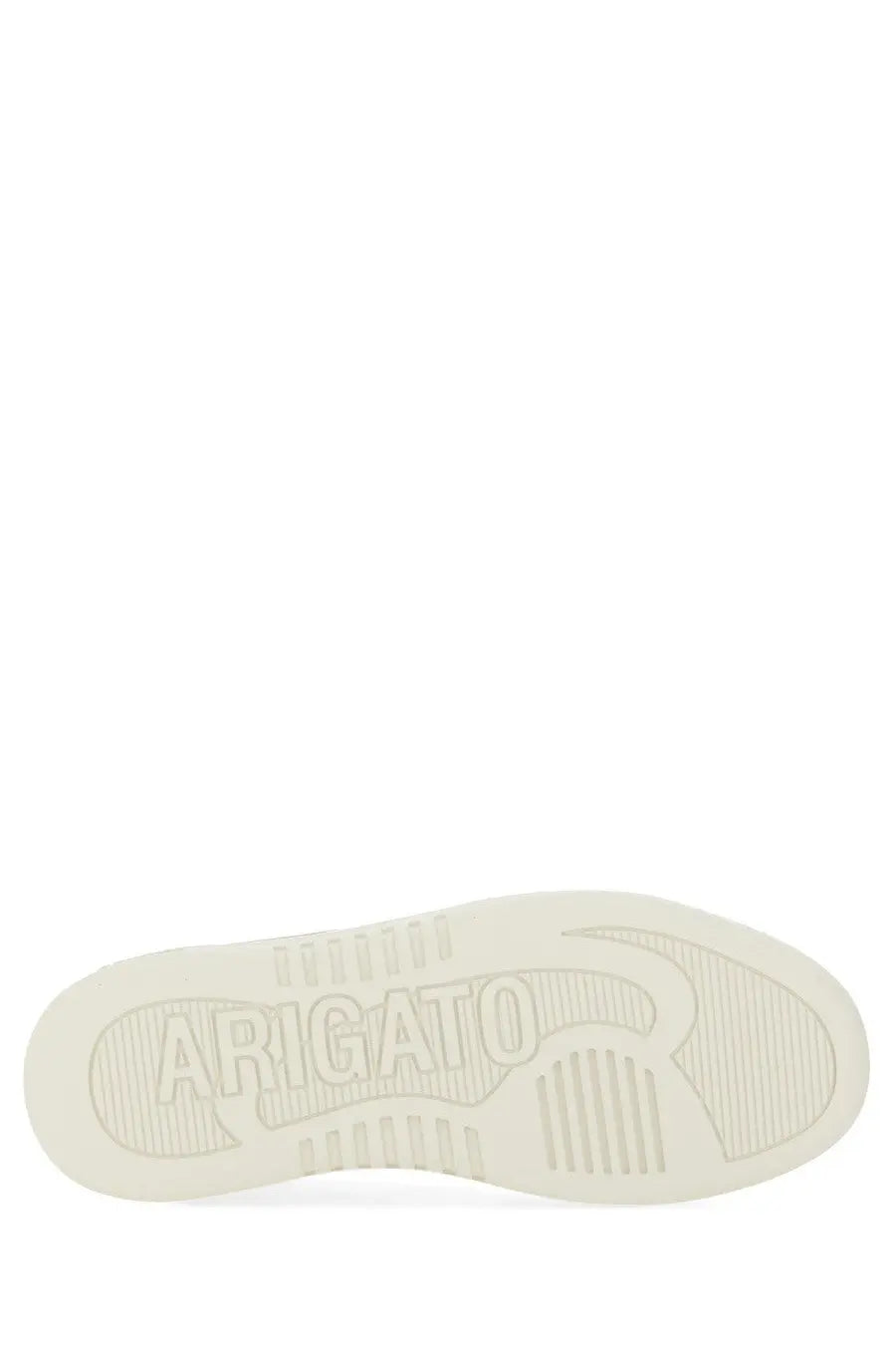 White rubber sole of axel arigato women’s dice stripe sneaker with embossed arigato branding and stylized r logo