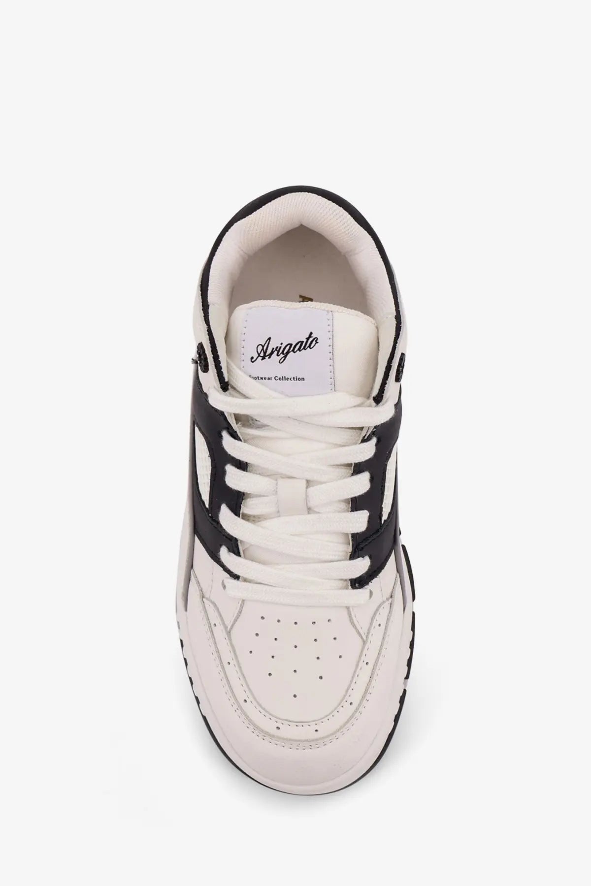 White and black high-top leather sneakers by axel arigato with perforated toe box detailing for women