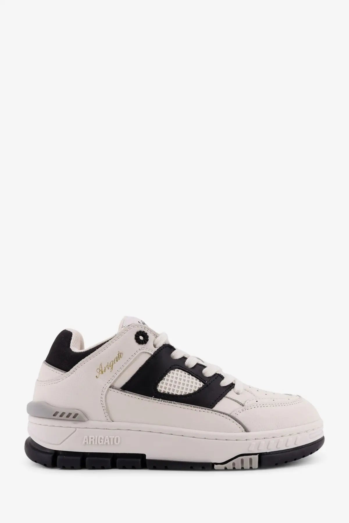 Axel Arigato women’s low-top leather sneakers in black and white with mesh paneling and rubber sole