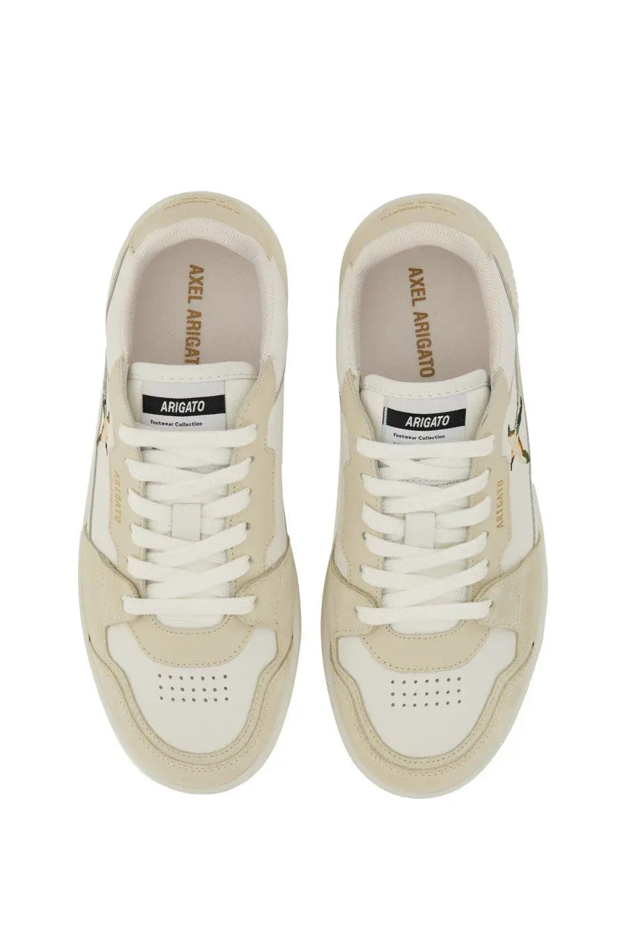 Axel arigato women’s says lo bee bird sneaker white cream-colored suede and leather low-top with white laces and gold branding
