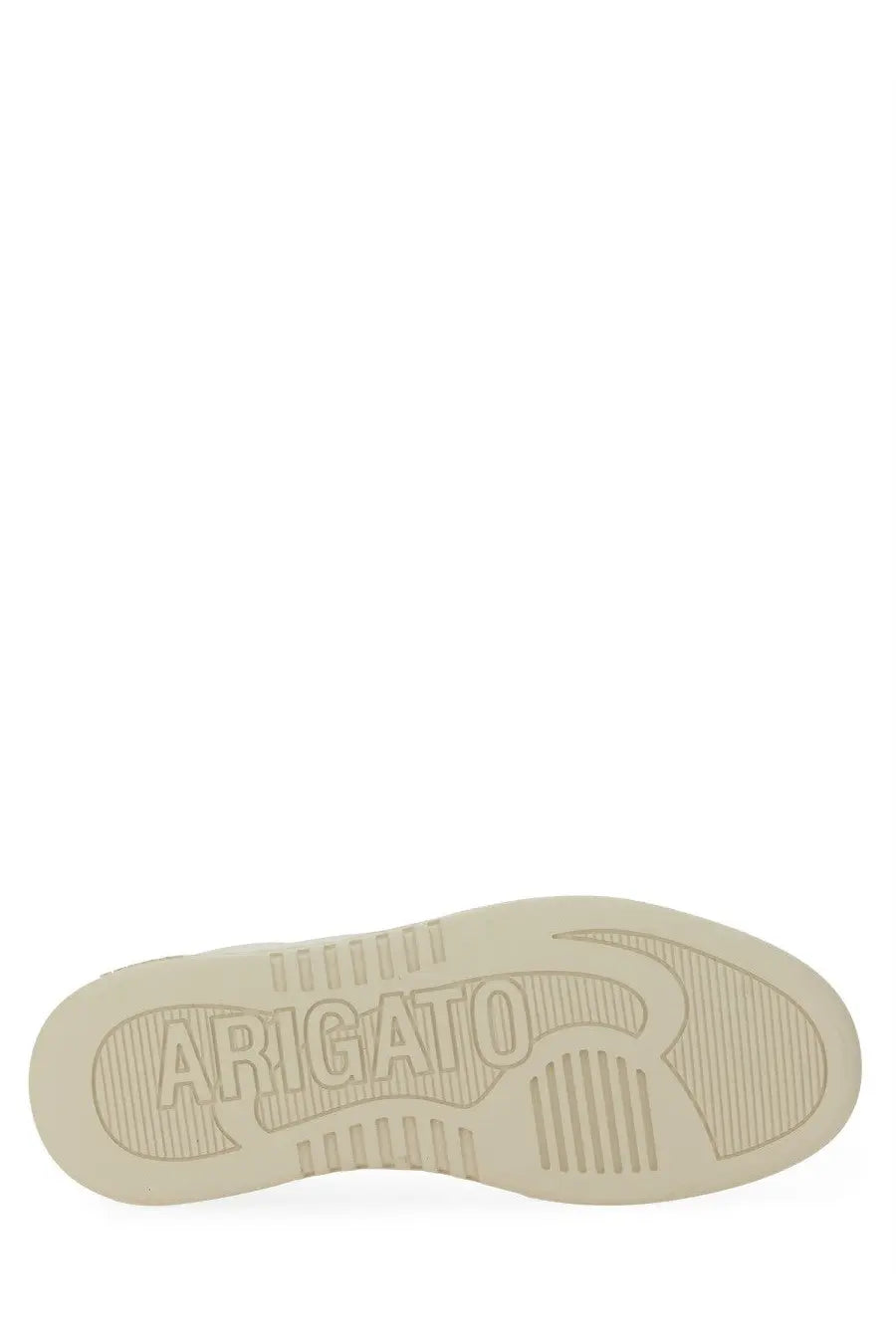 Beige rubber sole with embossed arigato branding and textured grip on axel arigato women’s says white sneaker back side