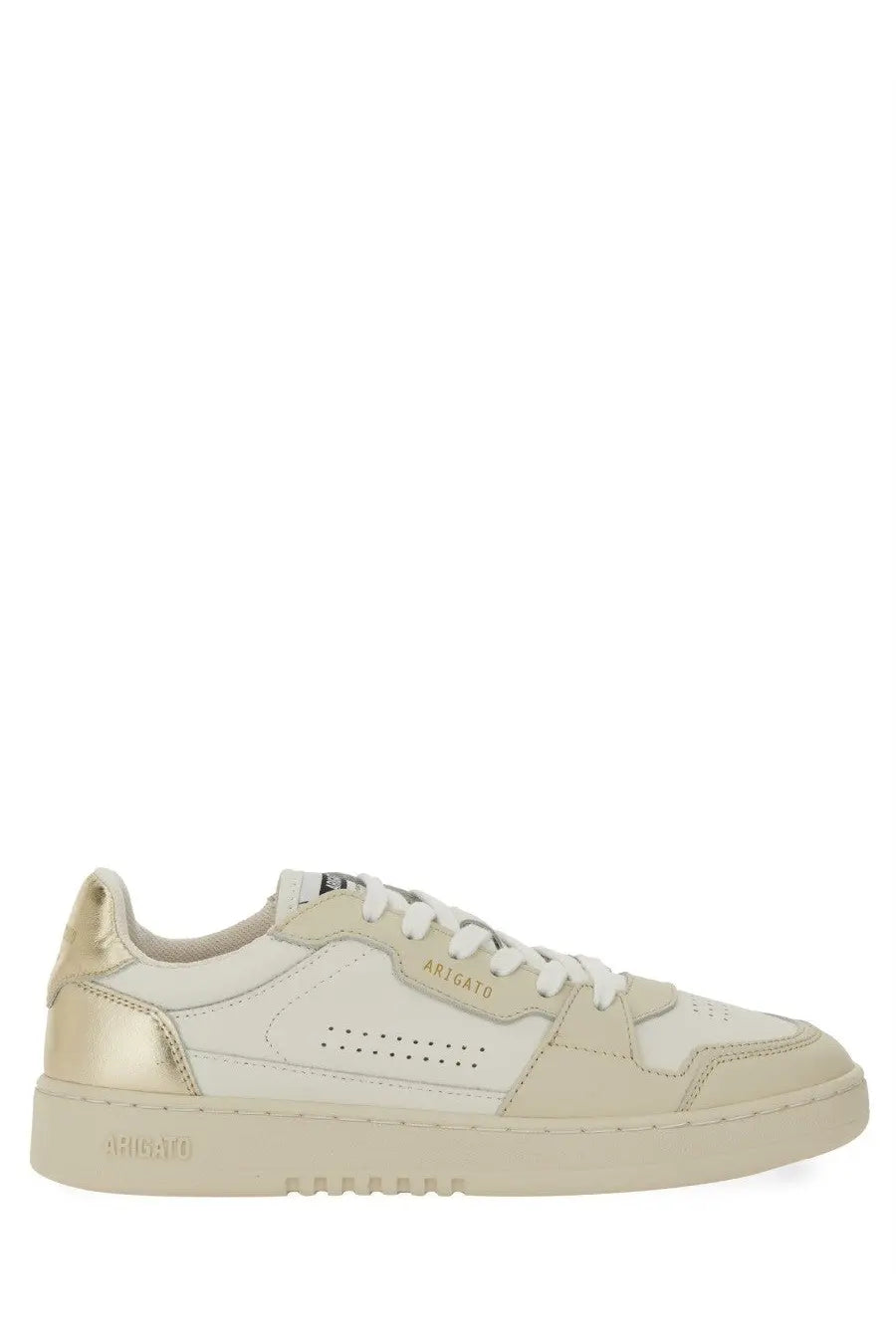 Cream-colored axel arigato women’s low-top sneaker with metallic gold accents perforated leather upper and white laces