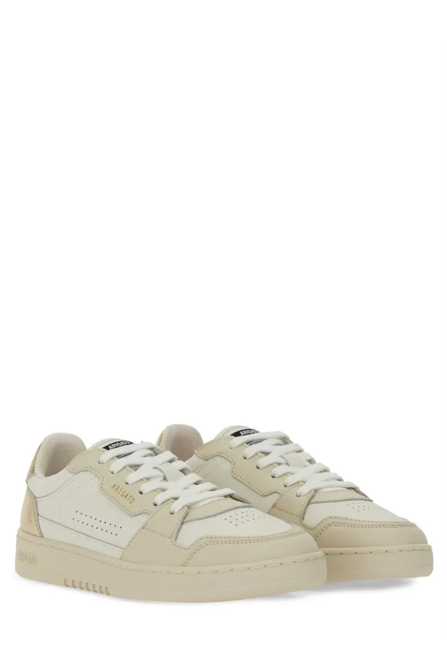 Axel Arigato women’s sneaker says white cream-colored suede and leather low-top with white laces and rubber sole