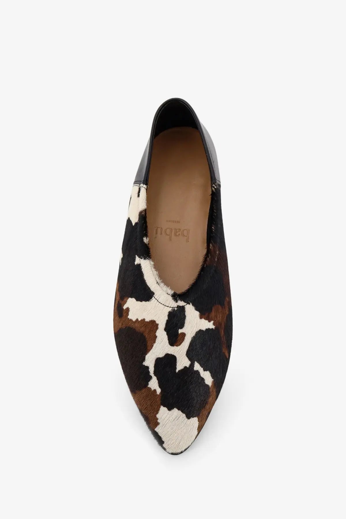 Babú Milano women’s ponyskin ballerinas slip-on loafer with black brown and white cowhide pattern and pointed toe