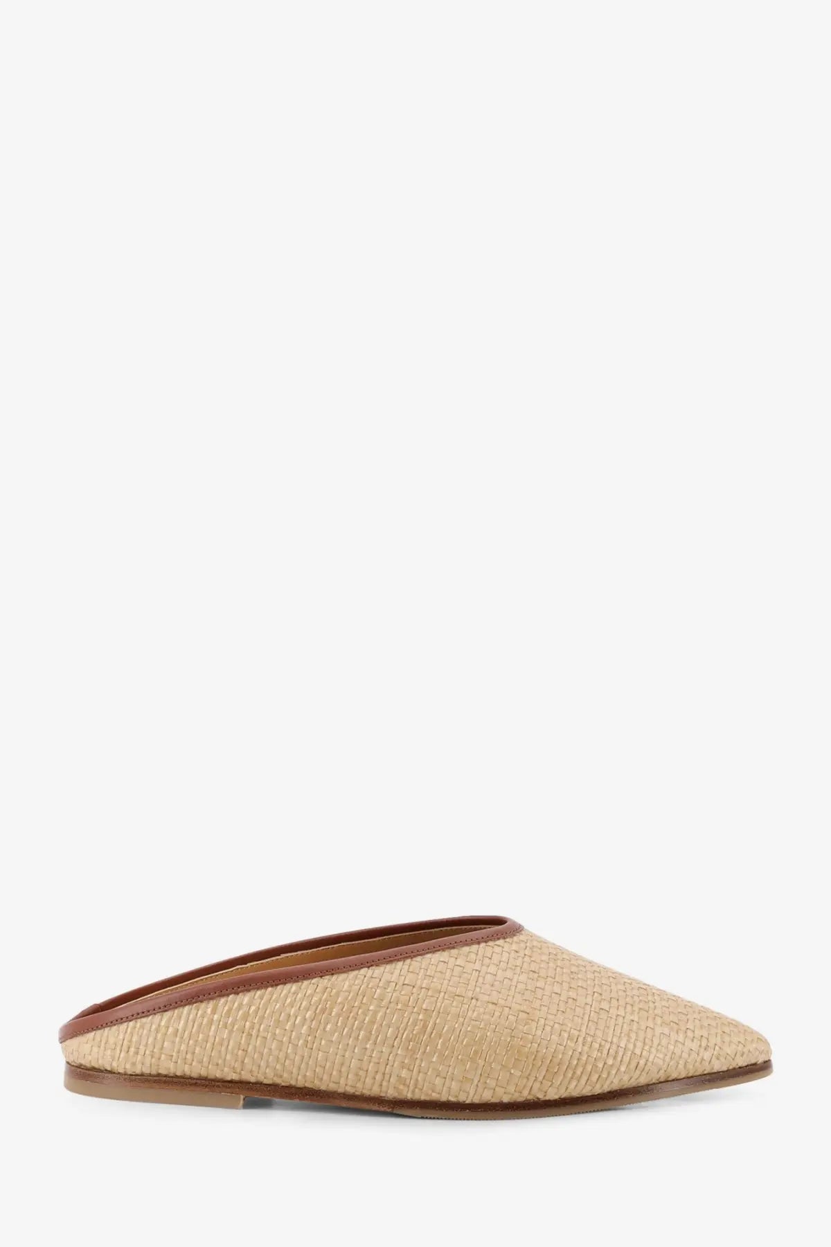 Beige woven straw mule slip-on shoe with brown leather trim and sole from babú milano women’s raffia sandals