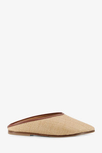 Beige woven straw mule slip-on shoe with brown leather trim and sole from babú milano women’s raffia sandals collection