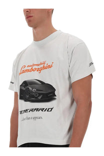 Balenciaga men’s boxy fit white cotton t-shirt with black Lamborghini emeraude graphic and orange Automobili Lamborghini script
