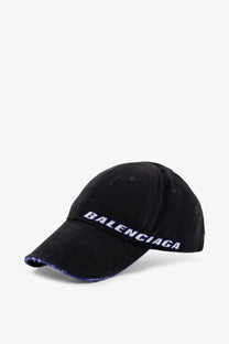 Balenciaga men’s black cotton baseball hat with embroidered logo and frayed brim for casual wear
