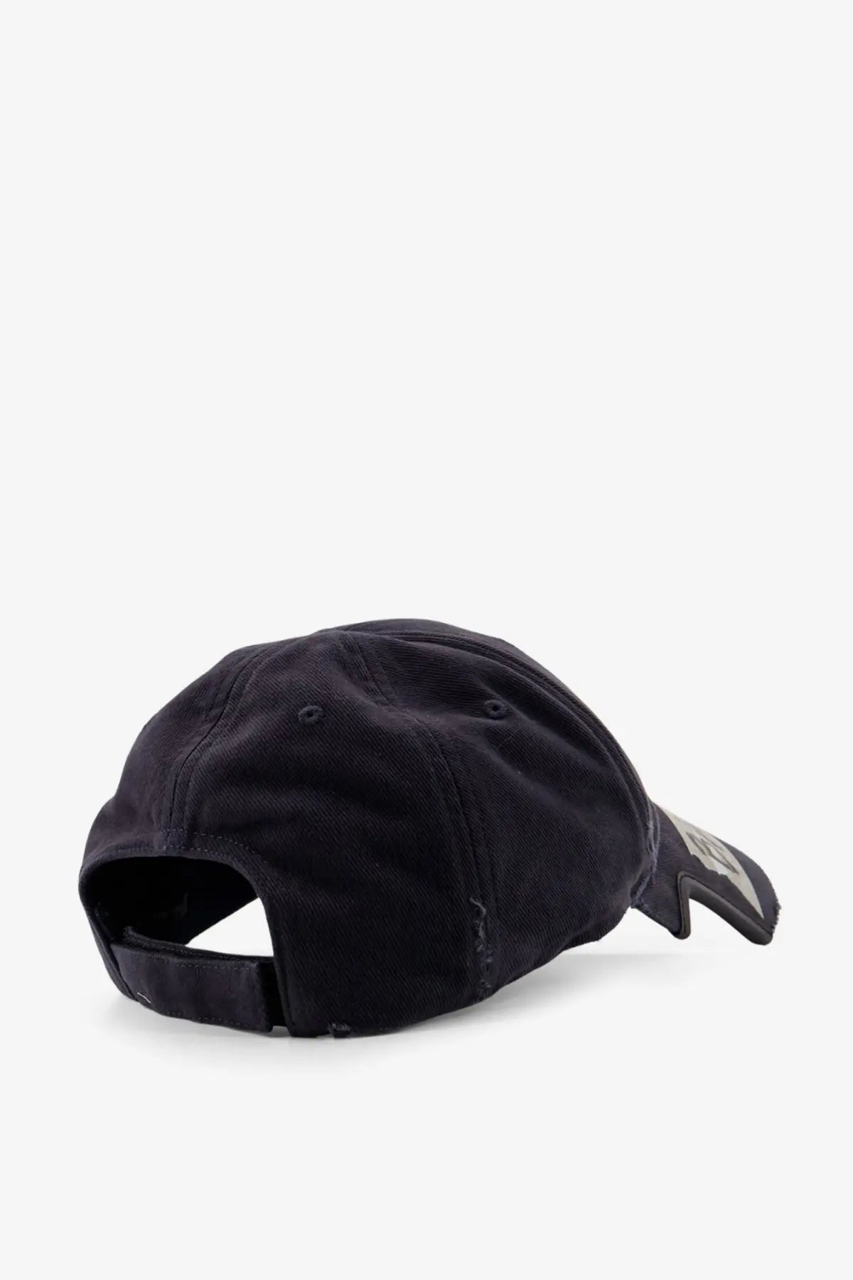 Balenciaga men’s black cotton denim baseball cap with a faded gray logo on the brim
