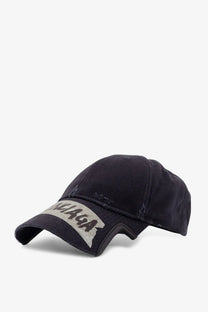 Balenciaga men’s black cotton baseball cap with distressed denim and gray patch featuring bold logo