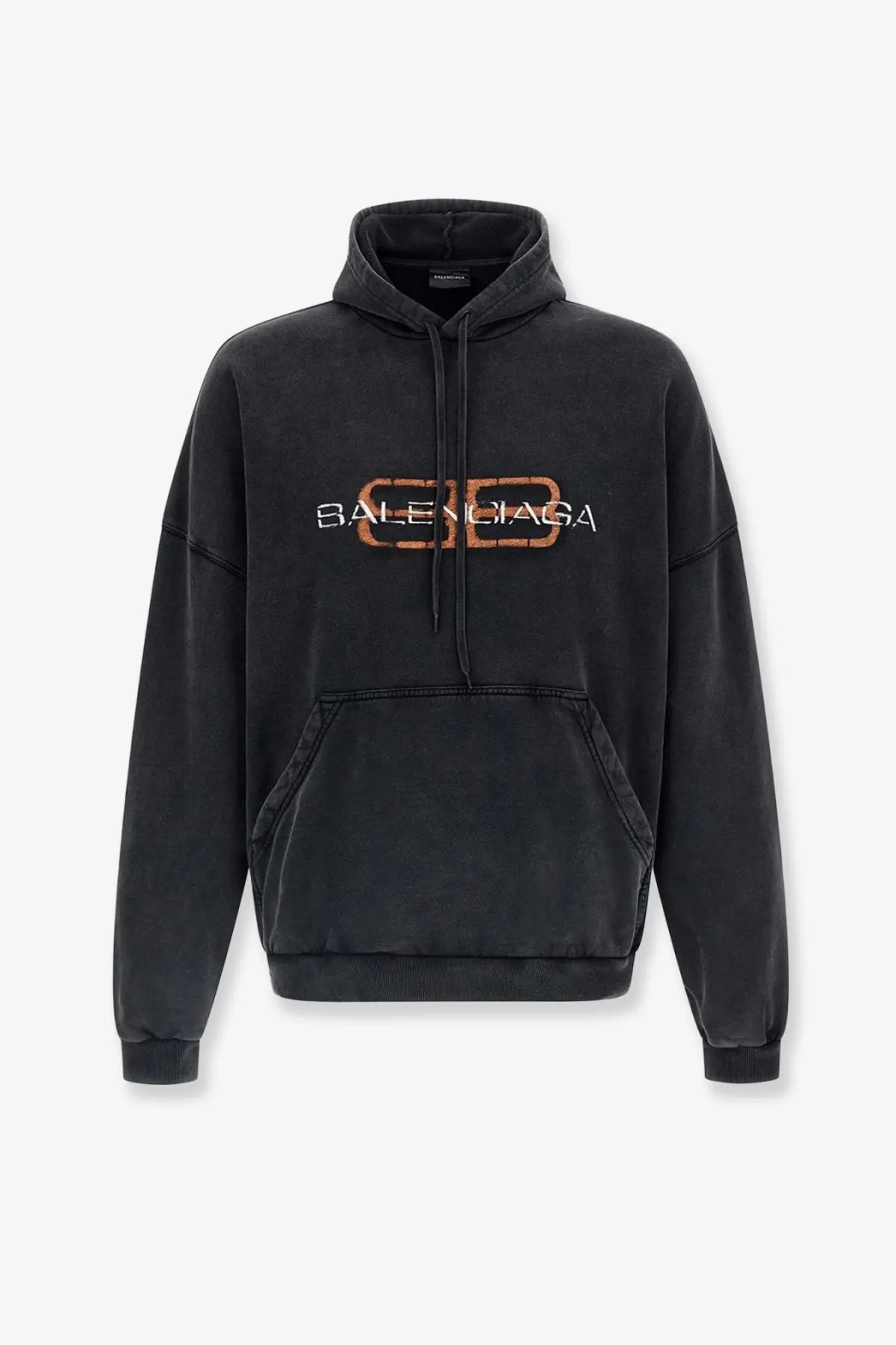 Balenciaga men’s black cotton hoodie with distressed oversized fit and rust-colored logo embroidery on the chest