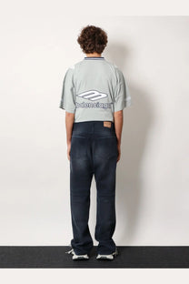 Gray balenciaga logo-print short-sleeve shirt paired with blue cotton jeans for men in a casual style
