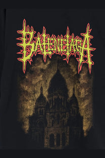Balenciaga men’s black cotton t-shirt with distressed gothic cathedral graphic and yellow red jagged lettering on front