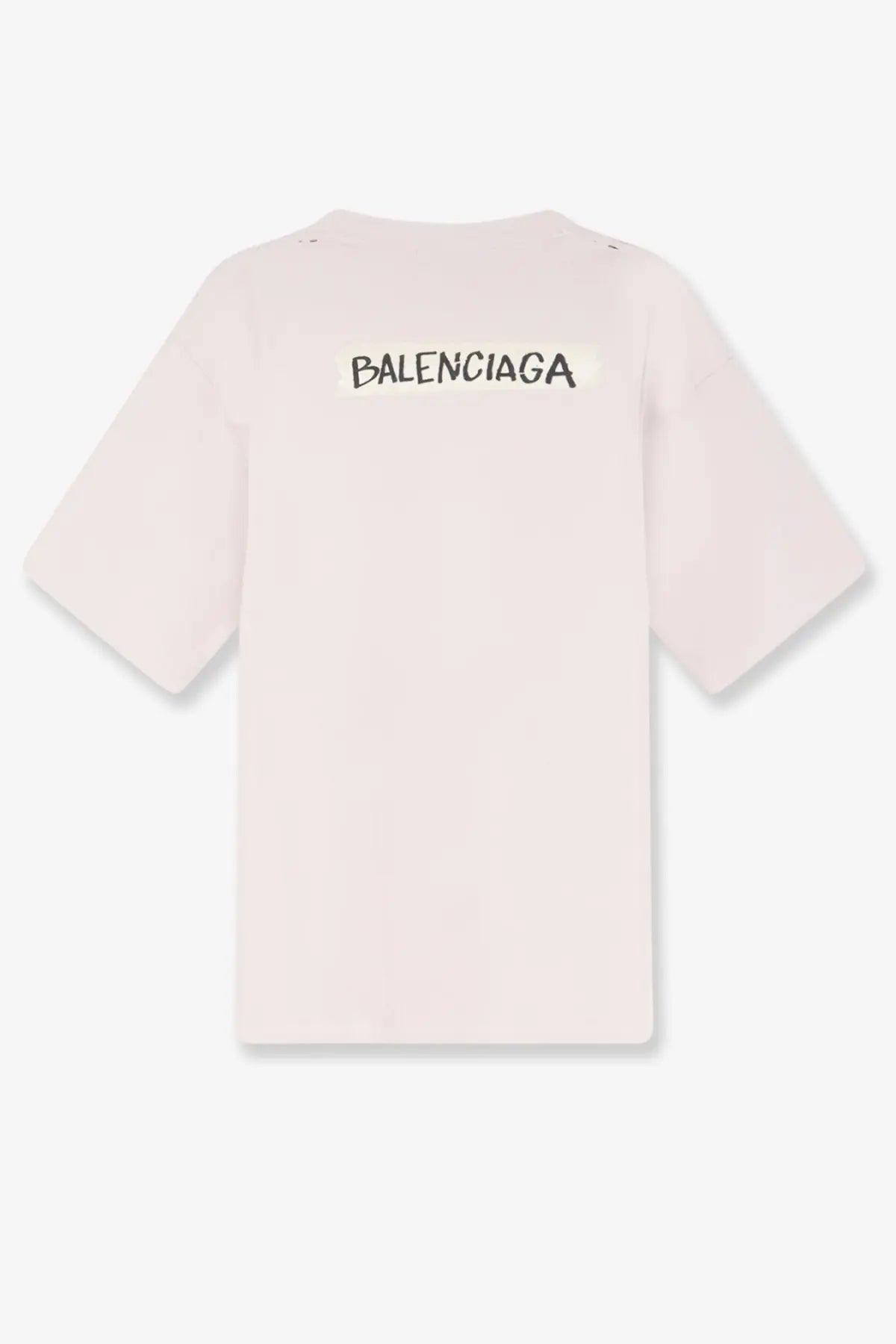 Balenciaga men’s cotton shirt white showing the back side with a pale pink color and bold black logo print