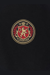 Balenciaga men’s black cotton sweatshirt with circular embroidered gold lion patch, laurel wreaths, and year 1917 above