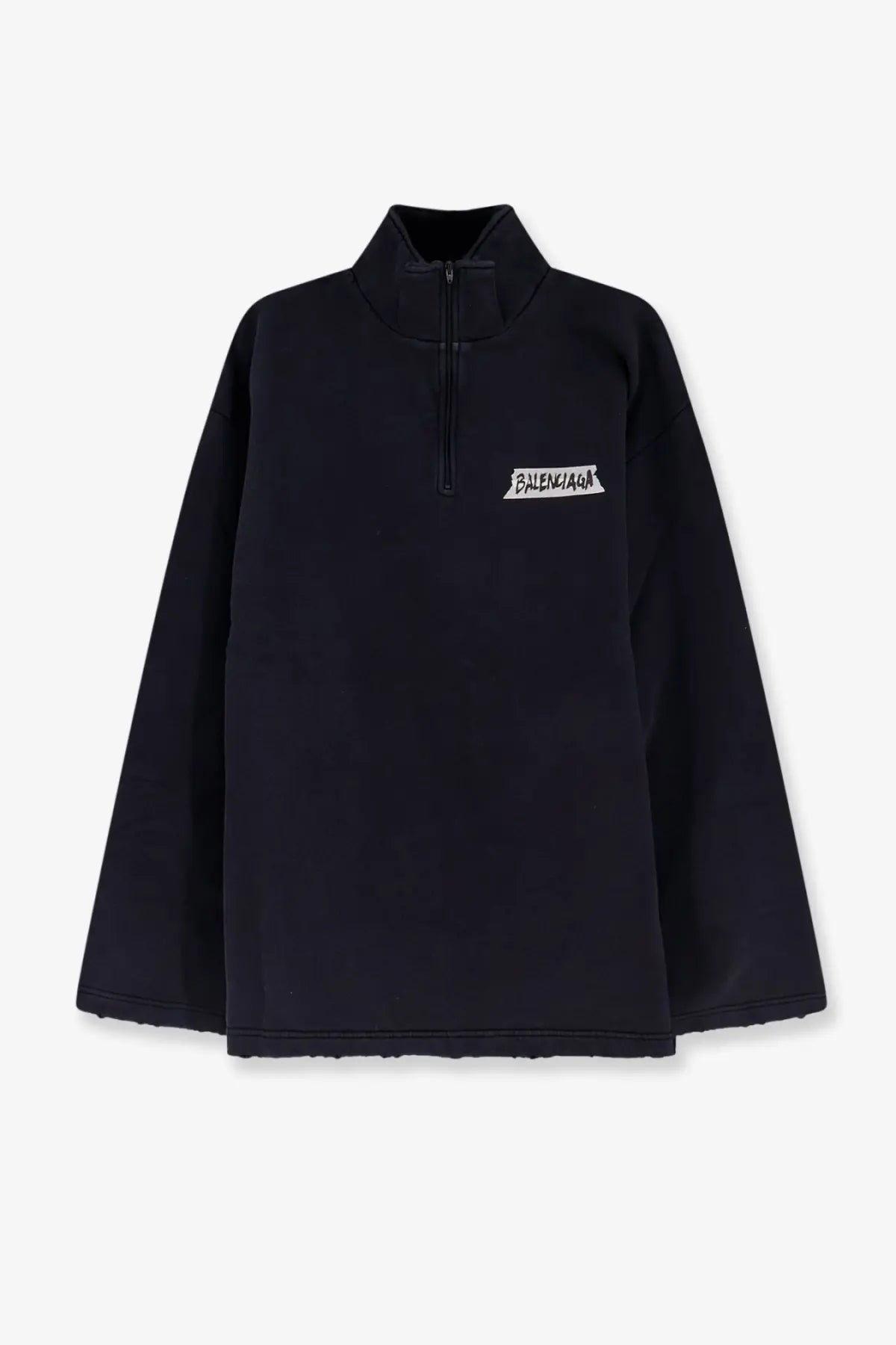 Balenciaga men’s black cotton half-zip fleece sweatshirt with white logo patch on the chest