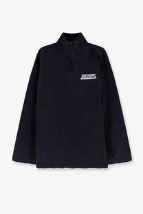 Balenciaga men’s black cotton half-zip fleece sweatshirt with white logo patch on the chest