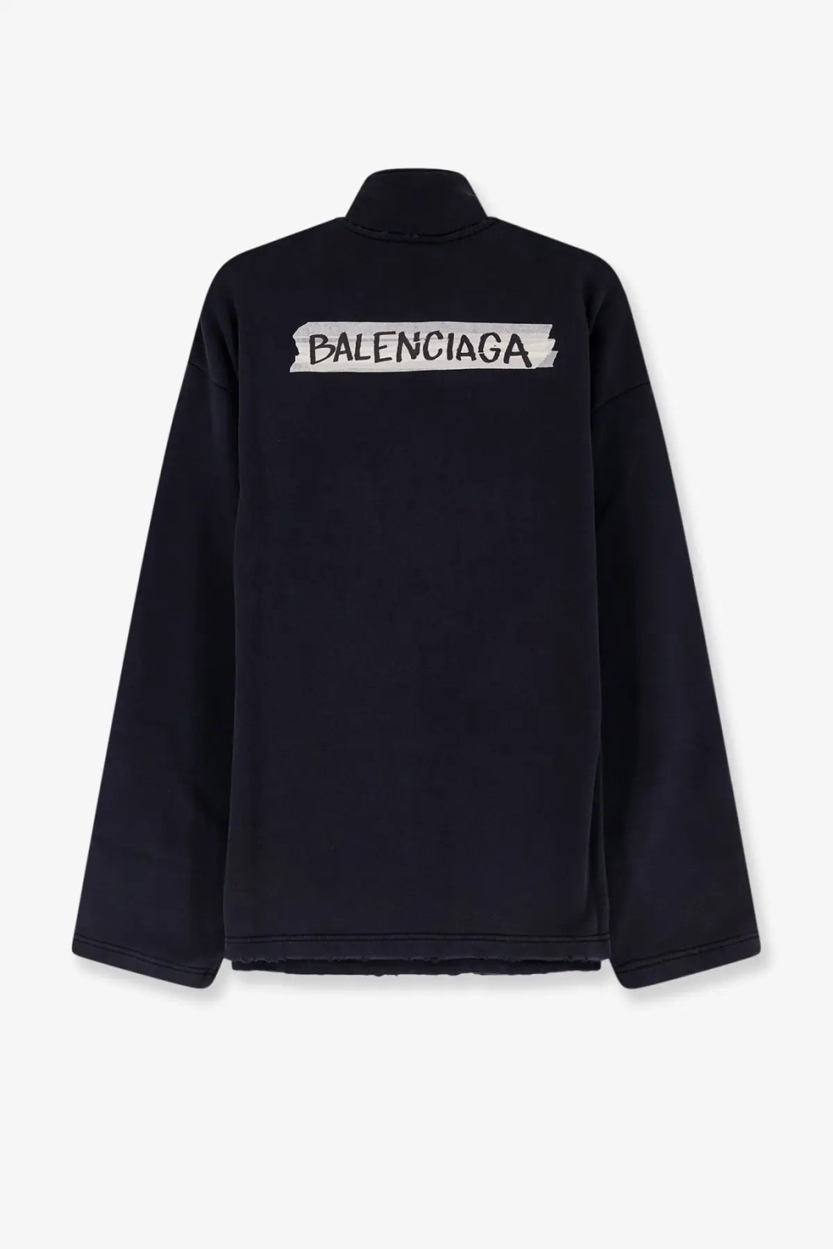 Balenciaga men’s black cotton sweatshirt with white tape sticker style logo on the back