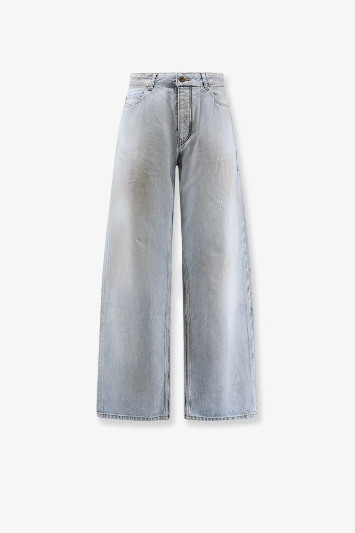 Balenciaga men’s light-wash denim wide-leg jeans with high-rise waist and classic five-pocket design in blue