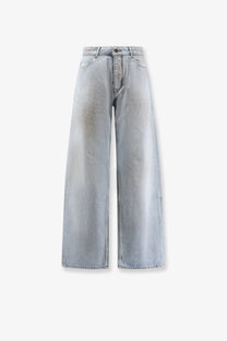 Balenciaga men’s light-wash denim wide-leg jeans with high-rise waist and classic five-pocket design in blue