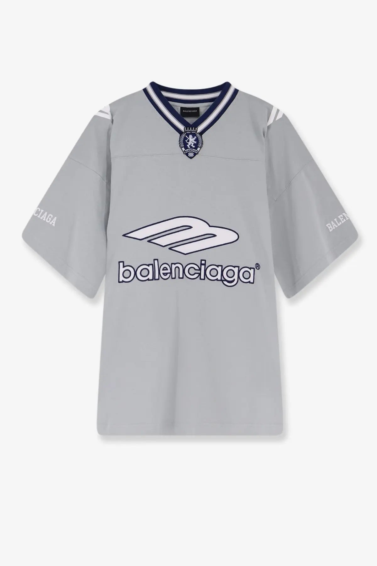 Balenciaga men’s football jersey shirt grey with navy blue and white trim featuring bold m logo and brand name across chest