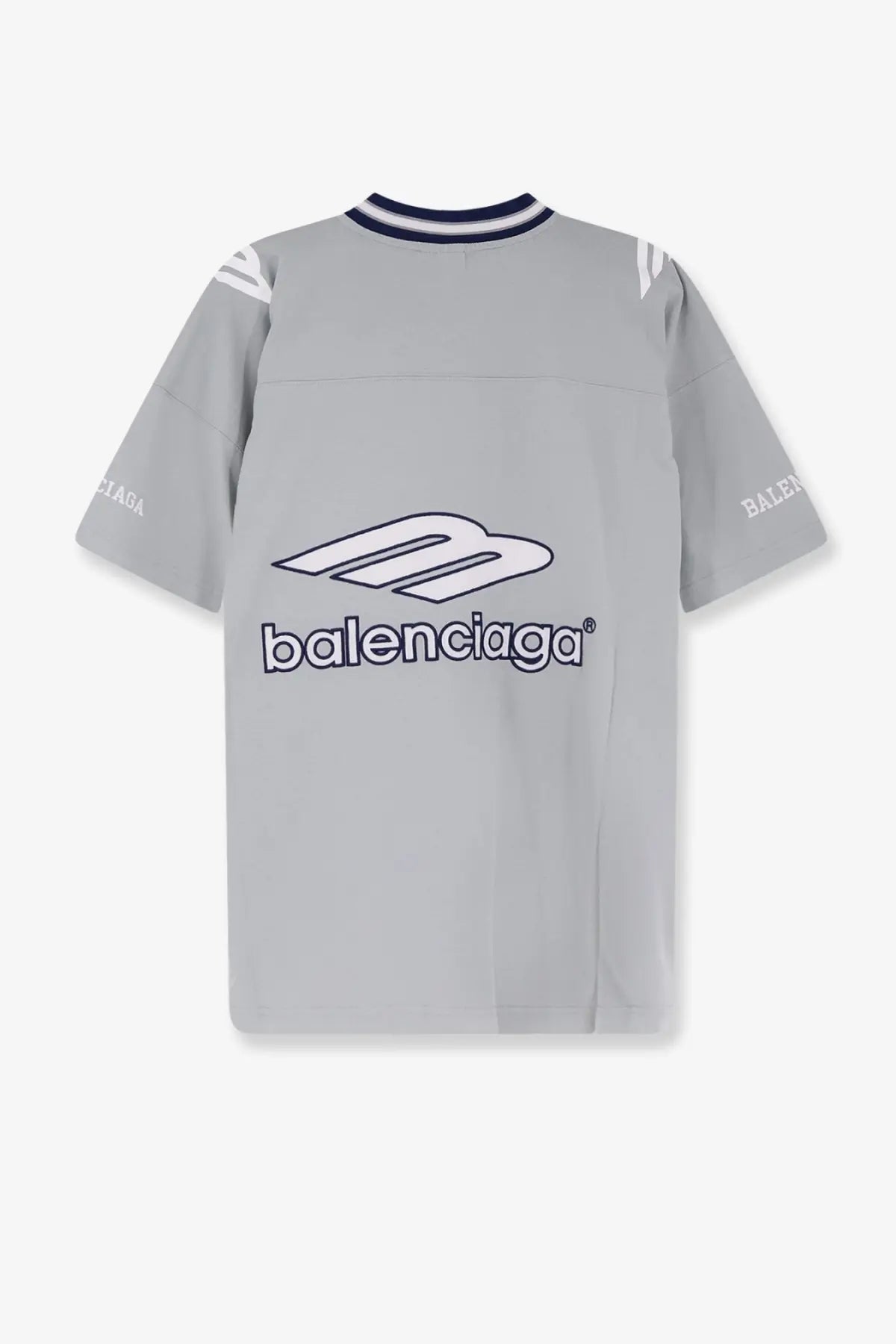 Balenciaga men’s football jersey shirt grey with bold white logo and navy trim on the collar in cotton fabric