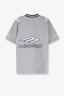 Balenciaga men’s football jersey shirt grey with bold white logo and navy trim on the collar in cotton fabric