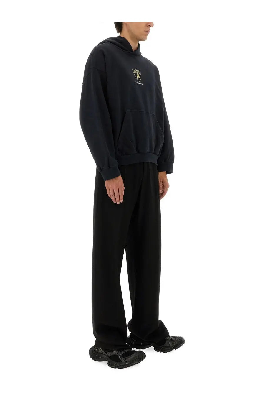 Balenciaga men’s black hoodie made of soft fabric with a small embroidered logo on the chest for casual wear