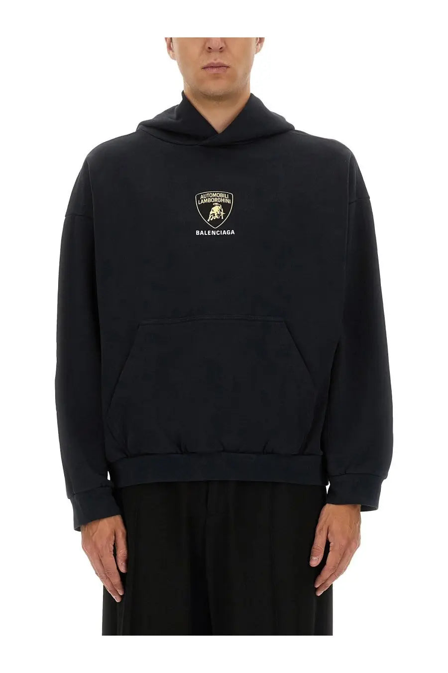 Balenciaga men’s black hoodie featuring a gold and white embroidered Lamborghini logo on the chest