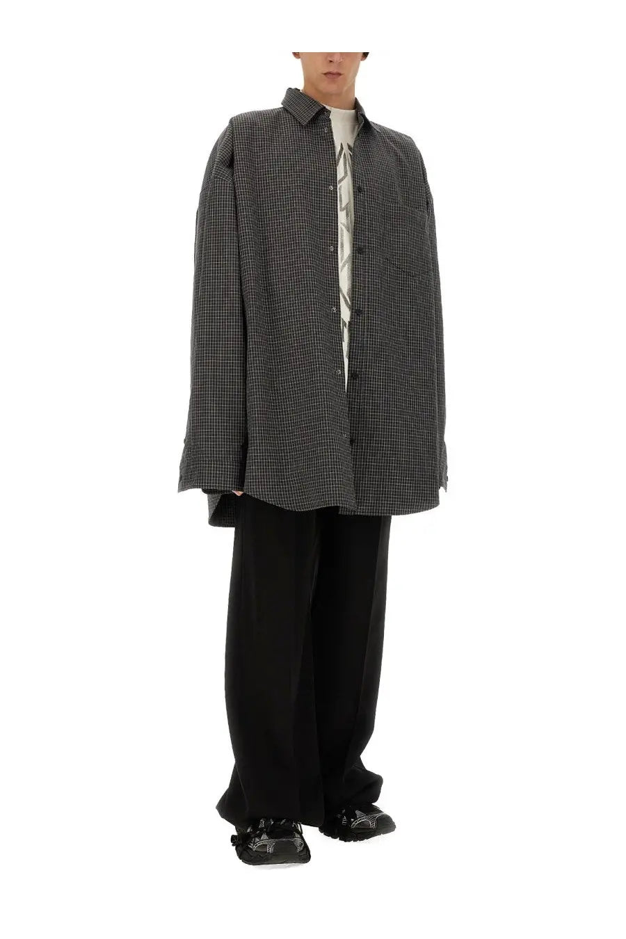 Balenciaga men’s large fit outerwear shirt in black and white checkered pattern with relaxed oversized fit