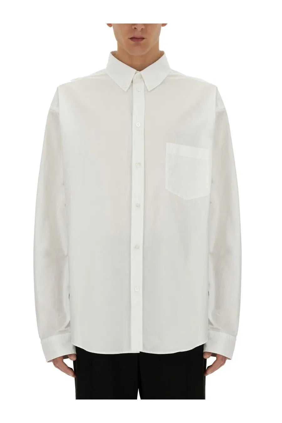 Balenciaga men’s large fit white button-down shirt with clean collar and single chest pocket in minimalist design