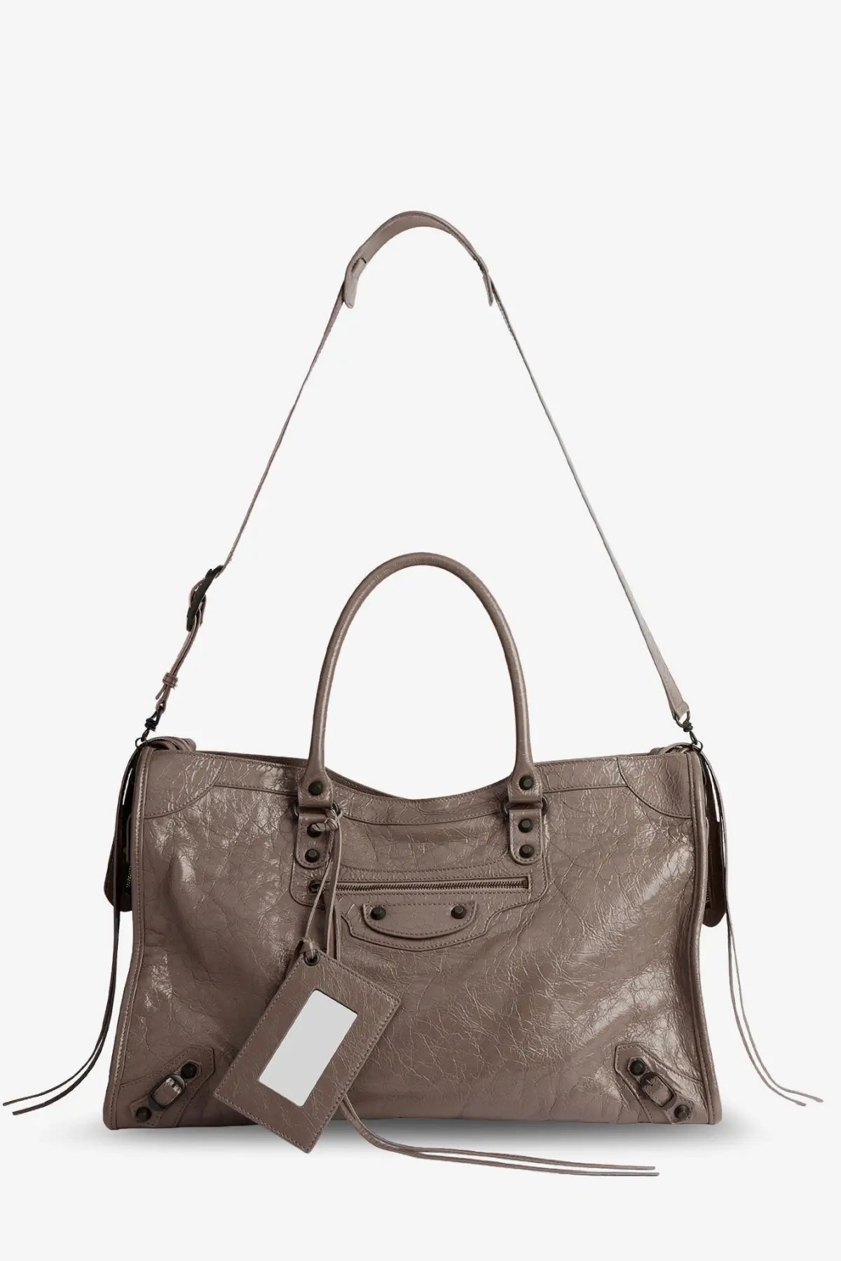 Taupe leather balenciaga city bag with structured silhouette dual top handles and metal hardware accents brown
