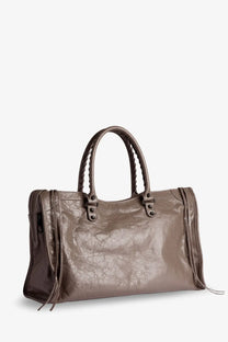 Balenciaga men’s le city handbag in taupe cracked leather with braided handles and brown tones