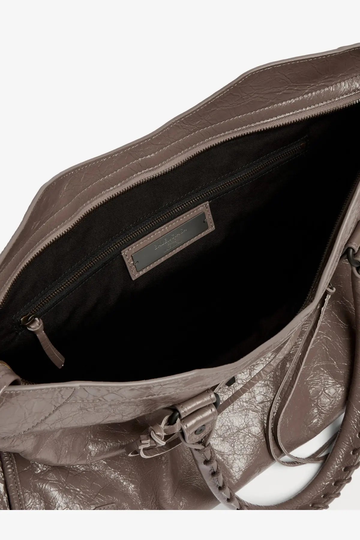 Balenciaga men’s le city handbag in muted gray textured leather with crinkled surface and braided strap details