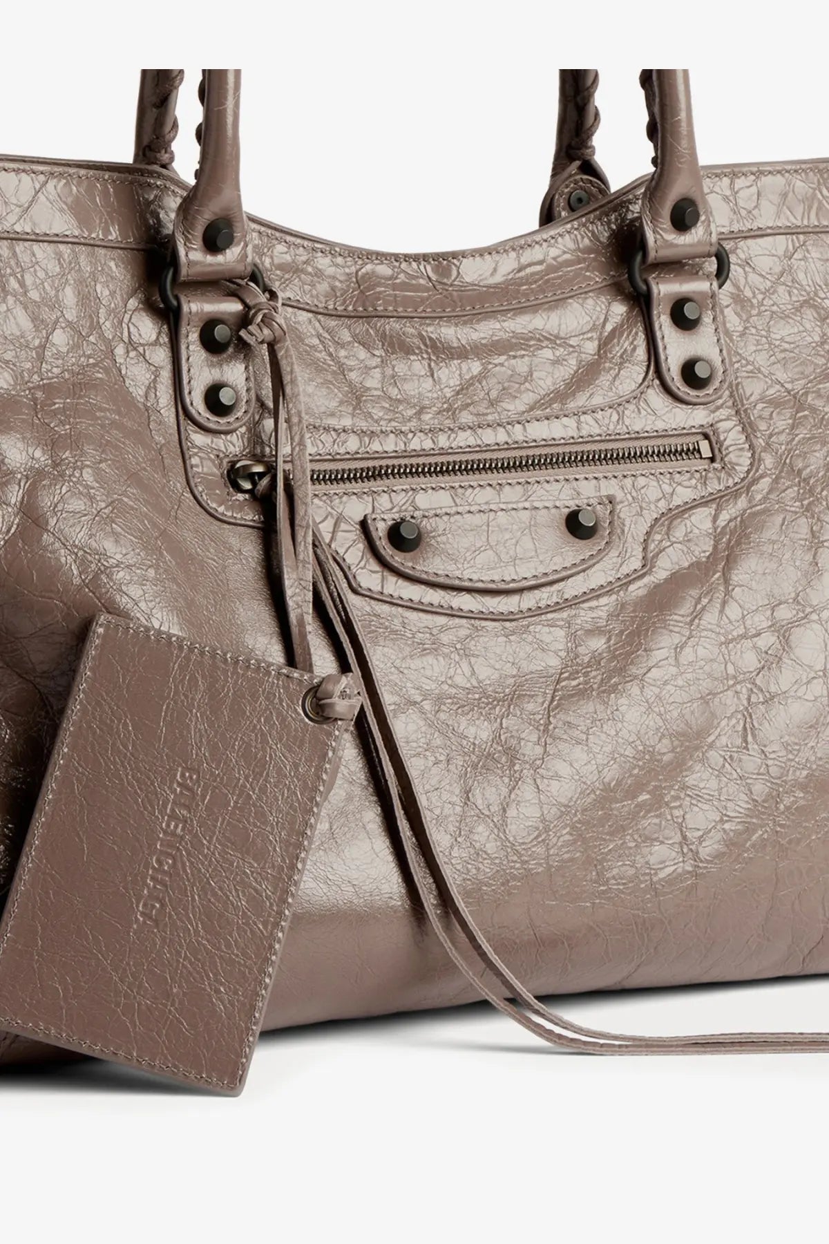 Balenciaga men’s le city taupe leather tote bag with braided handles and metallic hardware brown handbag