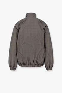 Balenciaga men’s madras nylon gray puffer jacket with high collar and elastic cuffs