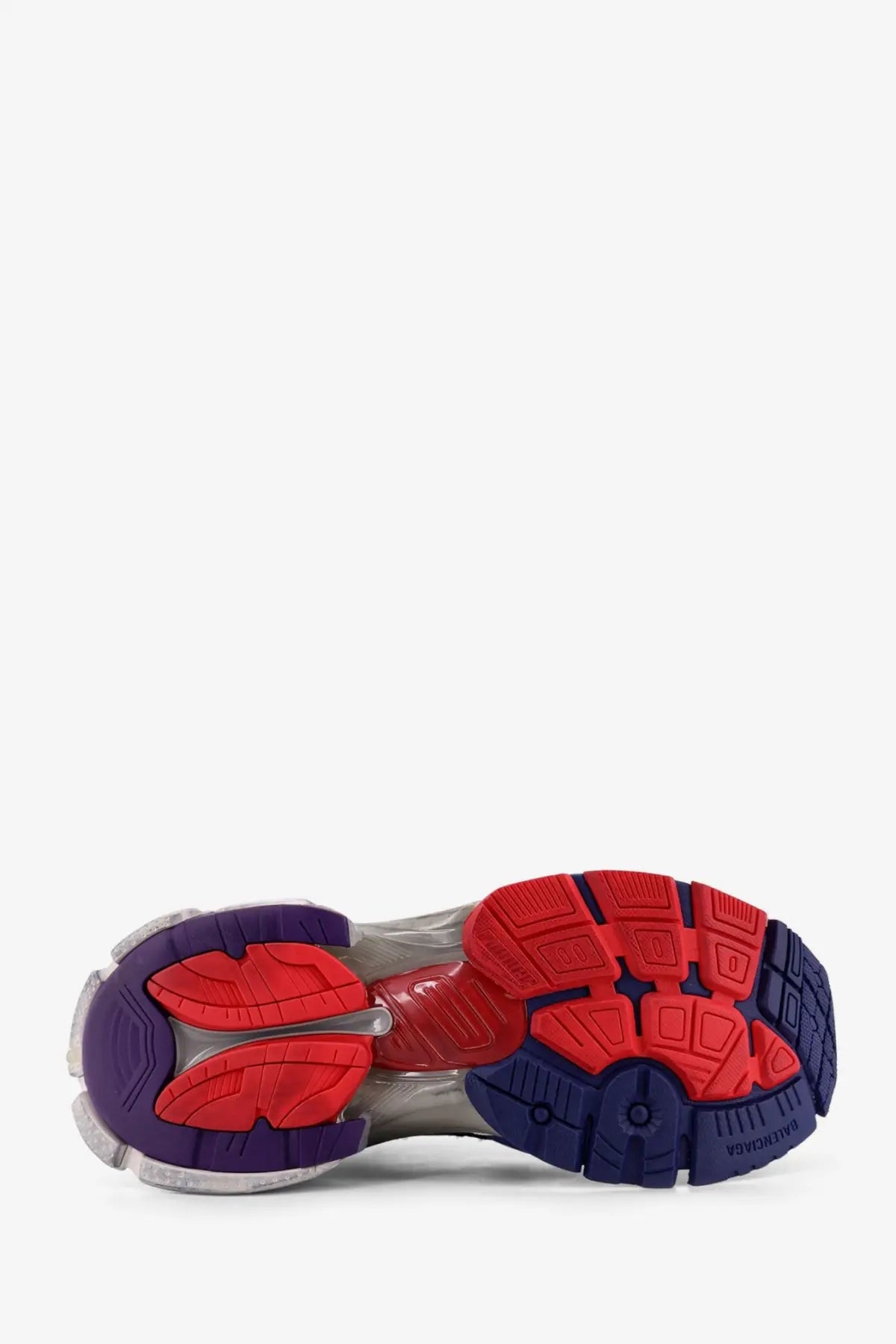 Balenciaga men’s mesh and nylon runner sneakers blue with bold chunky sole in red purple and translucent gray sections